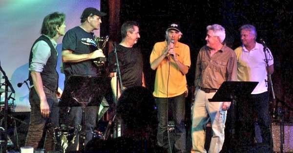Impresario/writer/organizer Steve Hagar honoring the Waldos on the eve of 4/20. From left: Steve, Dave, Mark, Hagar, Larry, and Jeff. Graphic from videographer Chad Rea.
